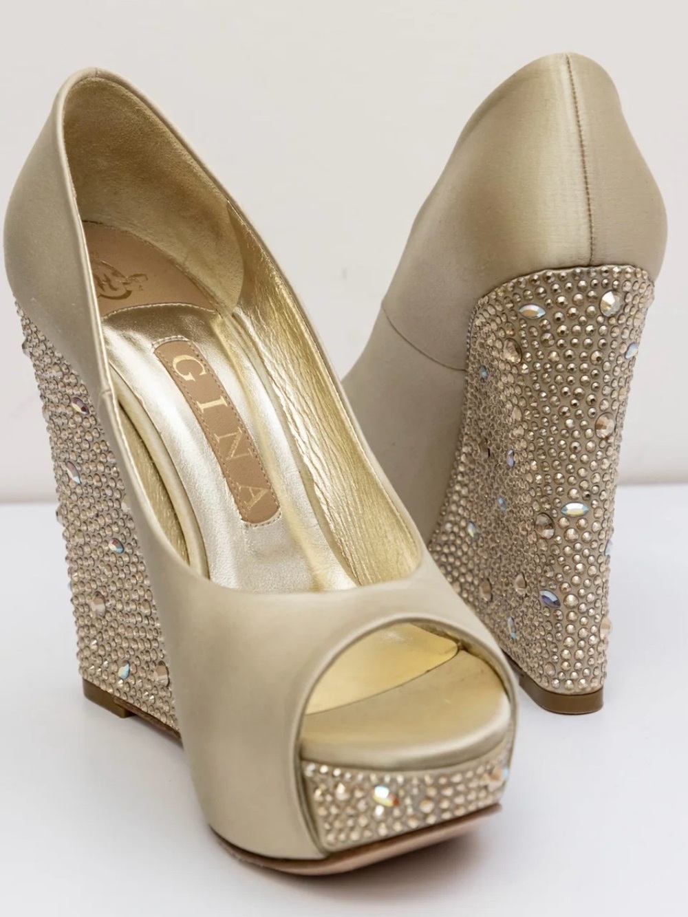 Gina Beige Satin Crystal Embellished Peep Toe Platform Wedge Pumps Size 37